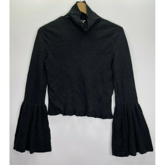 Free People Sweaters - Free People Black Button Neck Ruffle Hem Sweater with Bell Sleeves Size Small